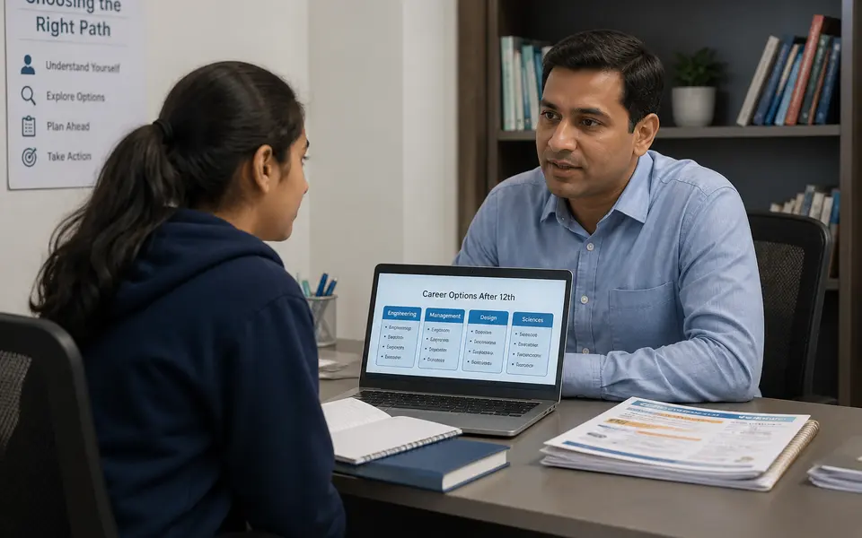 Student in India talking with a career counsellor across a desk with notebooks and a laptop