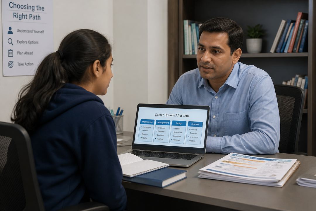 Student in India talking with a career counsellor across a desk with notebooks and a laptop