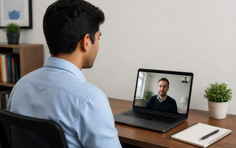 Student sitting at a desk during a virtual internship interview on a laptop with a tidy background and good lighting.