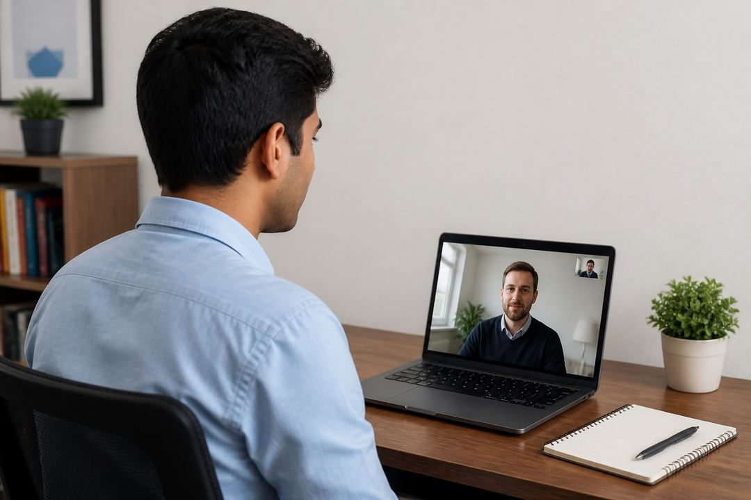 Student sitting at a desk during a virtual internship interview on a laptop with a tidy background and good lighting.