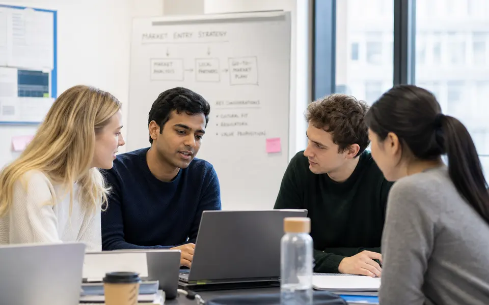 Multinational study group with an Indian student and European classmates discussing a project around a laptop.