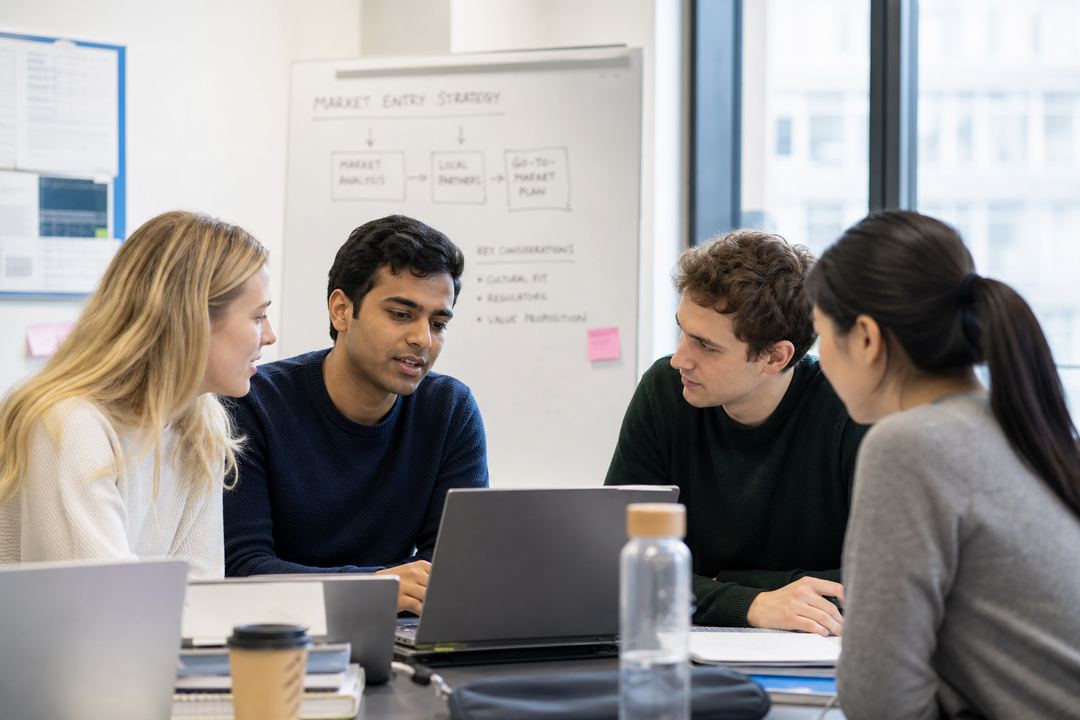 Multinational study group with an Indian student and European classmates discussing a project around a laptop.