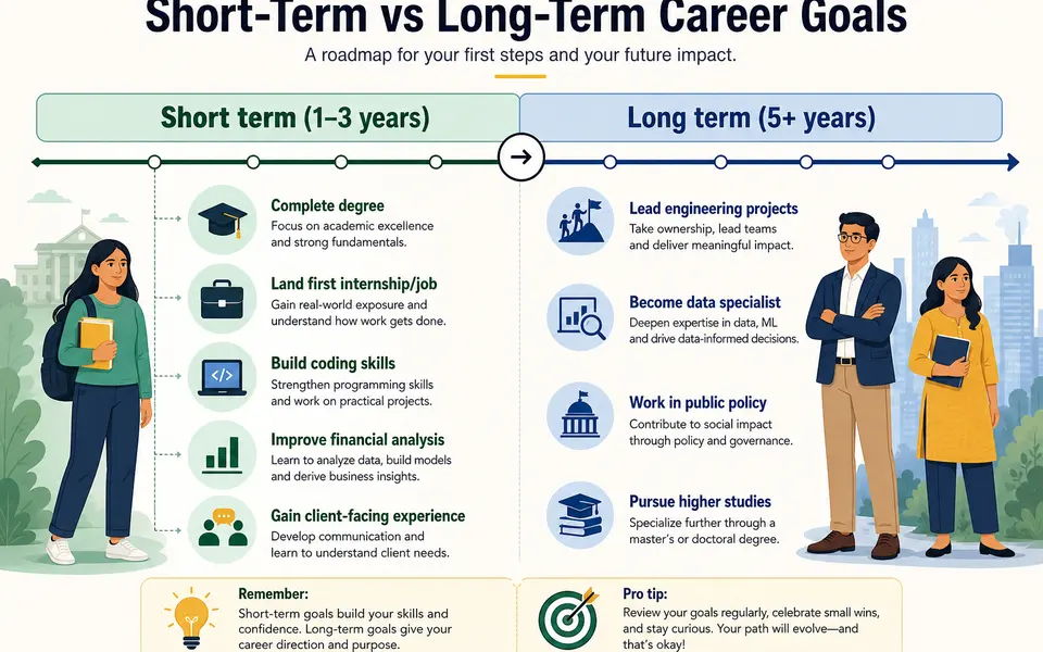 Infographic timeline showing short-term career goals over 1–3 years and long-term goals over 5+ years with example goals for students and fresh graduates.