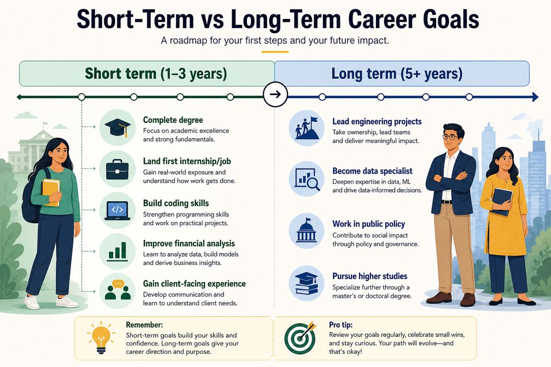 Infographic timeline showing short-term career goals over 1–3 years and long-term goals over 5+ years with example goals for students and fresh graduates.