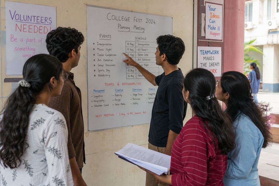 Indian students organising a college festival, coordinating volunteers and managing a schedule on a noticeboard