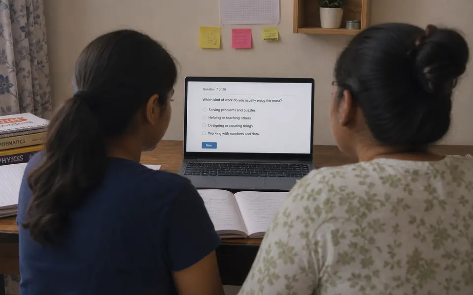 Student in India sitting with a mentor, looking at a career guidance test on a laptop screen.