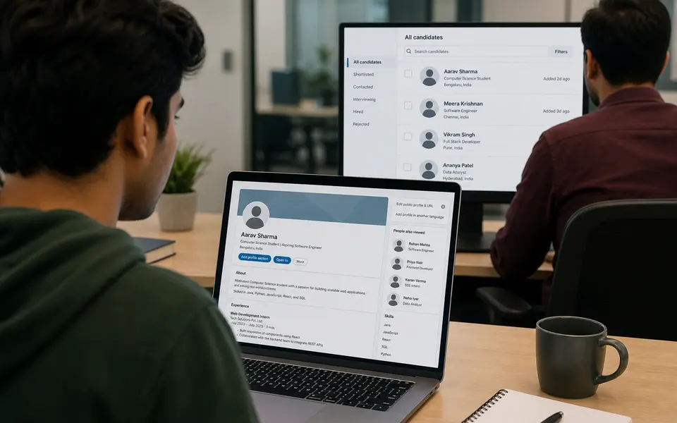 Indian student updating a LinkedIn profile on a laptop while a recruiter views profiles on a desktop screen in a modern office.