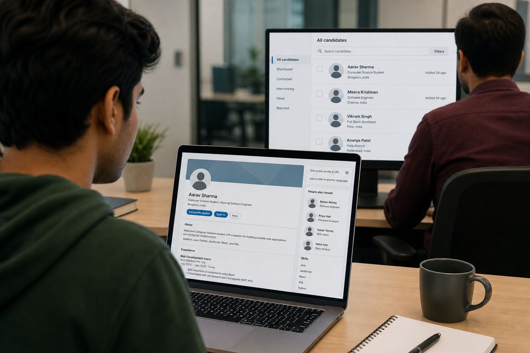 Indian student updating a LinkedIn profile on a laptop while a recruiter views profiles on a desktop screen in a modern office.