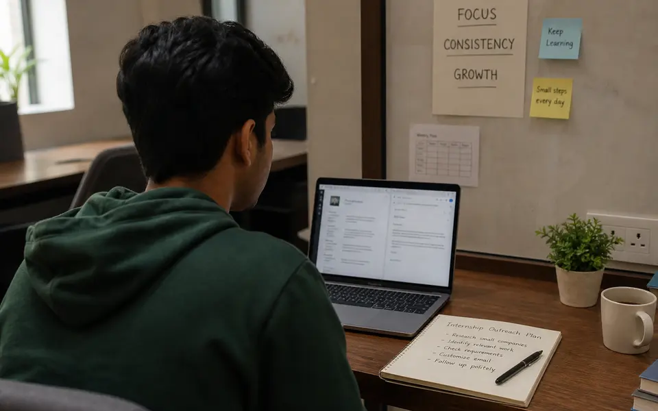 First-year Indian student sitting at a desk with a laptop, drafting a CV and an internship outreach email in a small office setting.