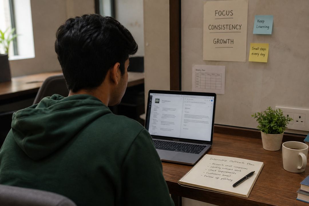 First-year Indian student sitting at a desk with a laptop, drafting a CV and an internship outreach email in a small office setting.