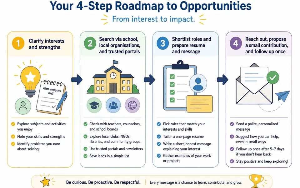 Flowchart showing four steps for high school students to find and apply for internships: clarify interests, search through trusted channels, shortlist and prepare, then reach out and follow up.