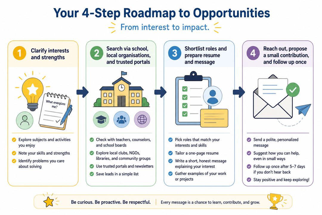 Flowchart showing four steps for high school students to find and apply for internships: clarify interests, search through trusted channels, shortlist and prepare, then reach out and follow up.