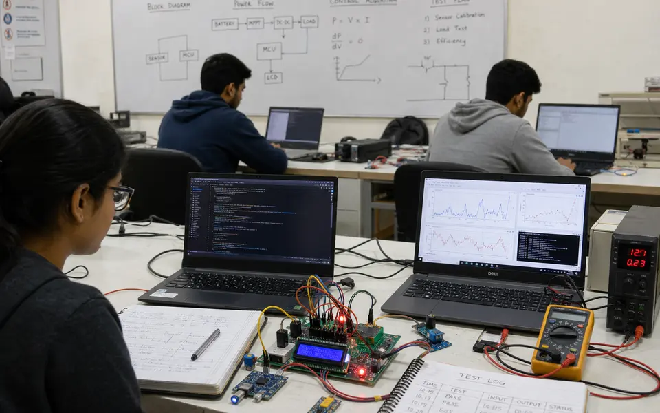 Group of engineering students in India working on laptops and hardware boards in a lab, discussing code and circuit diagrams.
