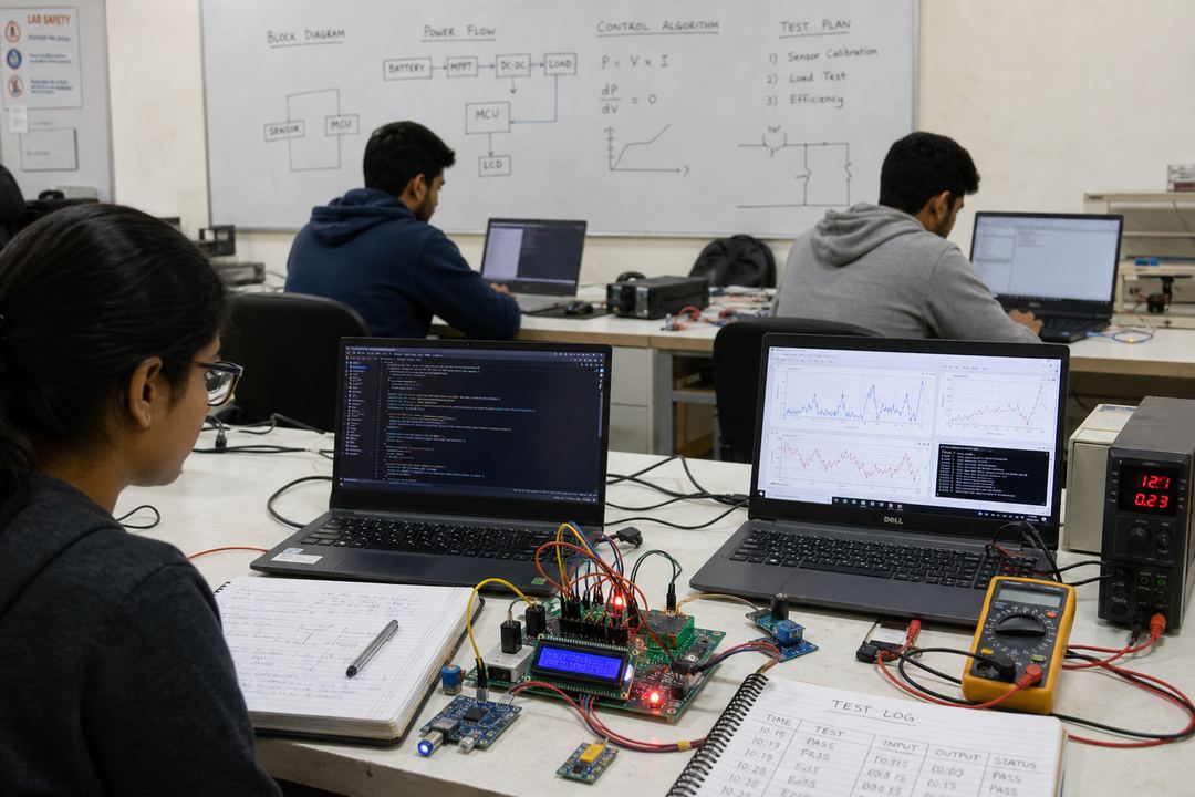 Group of engineering students in India working on laptops and hardware boards in a lab, discussing code and circuit diagrams.