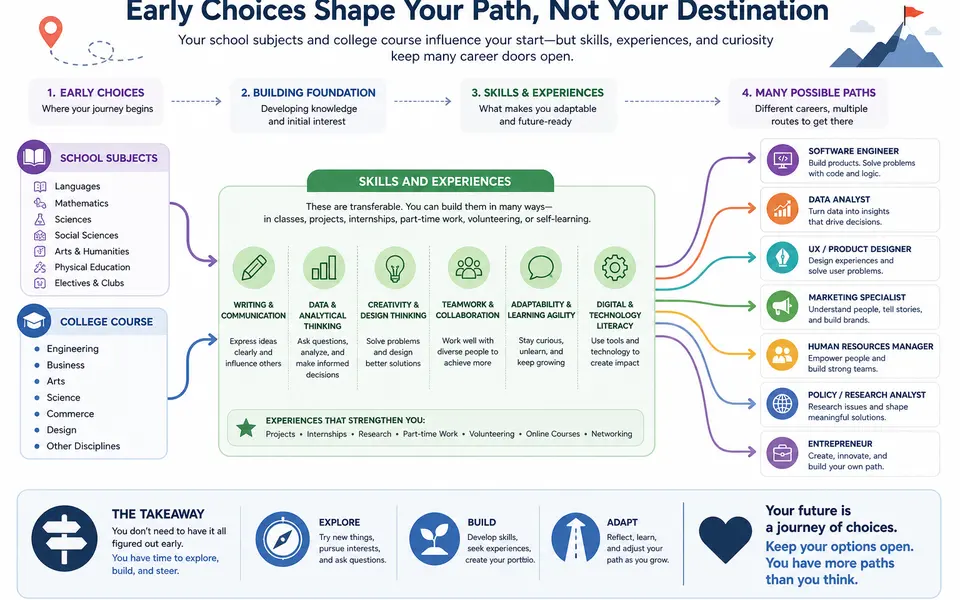 Infographic linking early subject and course choices to skills and multiple possible career paths.