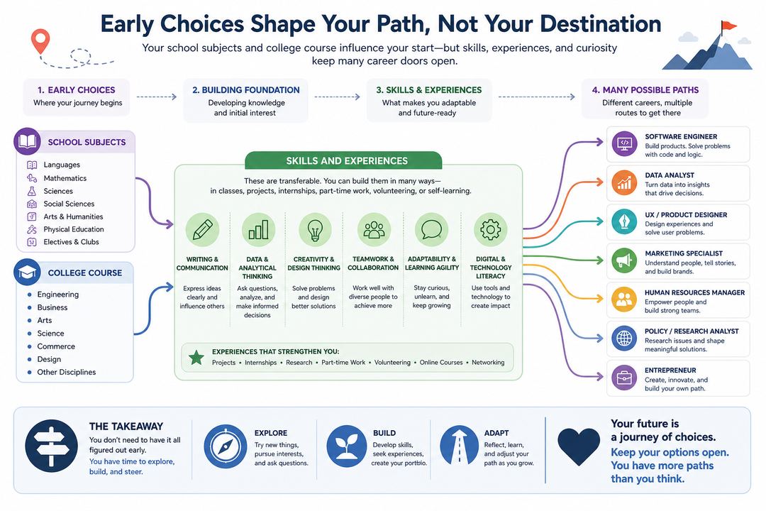 Infographic linking early subject and course choices to skills and multiple possible career paths.