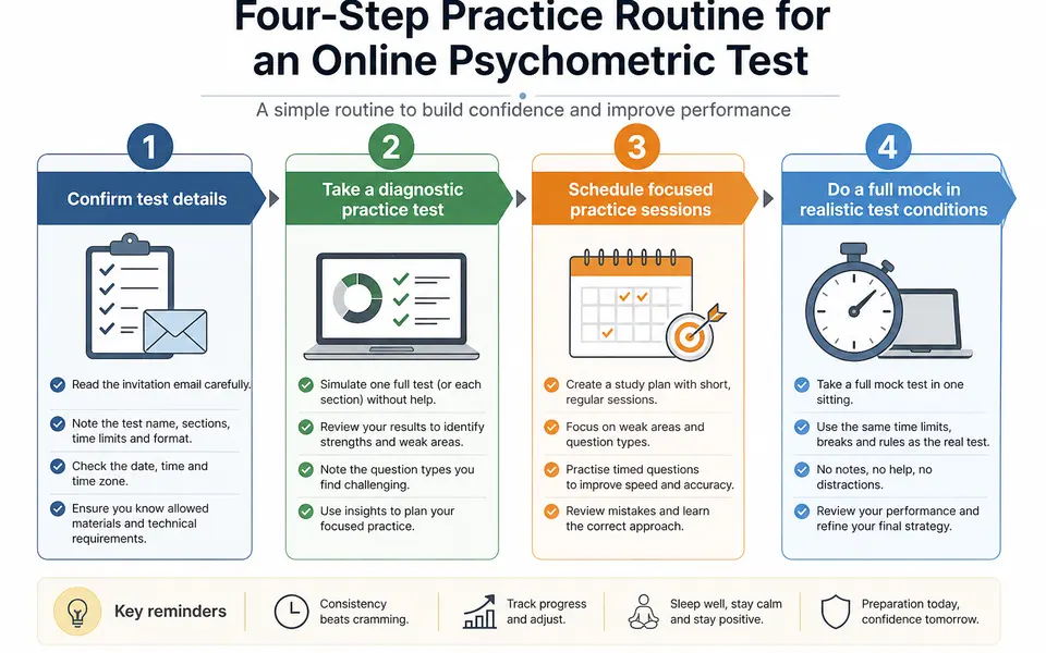 Infographic of a four-step routine to practise for an online psychometric test, from confirming the test to taking a final mock in real conditions.