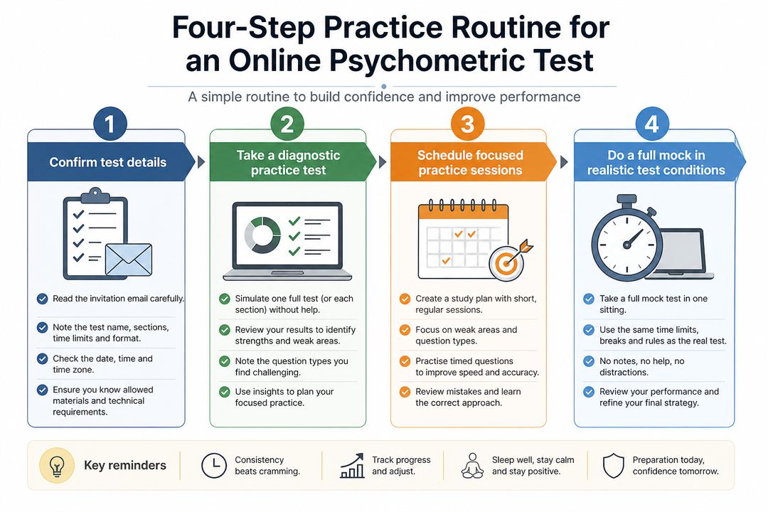 Infographic of a four-step routine to practise for an online psychometric test, from confirming the test to taking a final mock in real conditions.