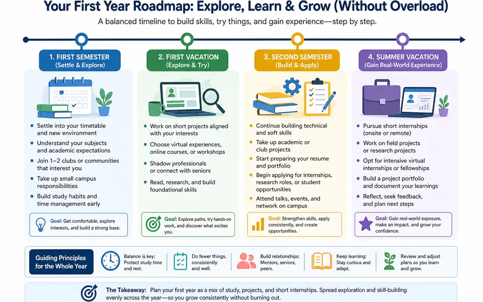 Timeline infographic showing how a first-year Indian student can plan settling into college, projects, and internships across two semesters and vacations.