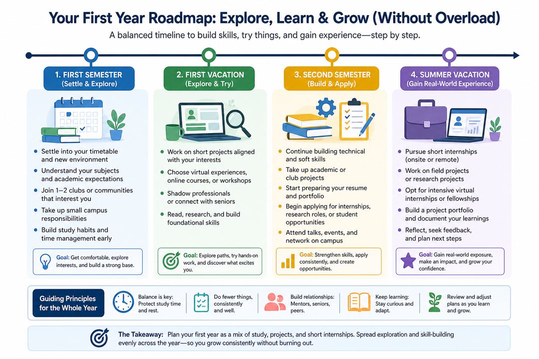 Timeline infographic showing how a first-year Indian student can plan settling into college, projects, and internships across two semesters and vacations.