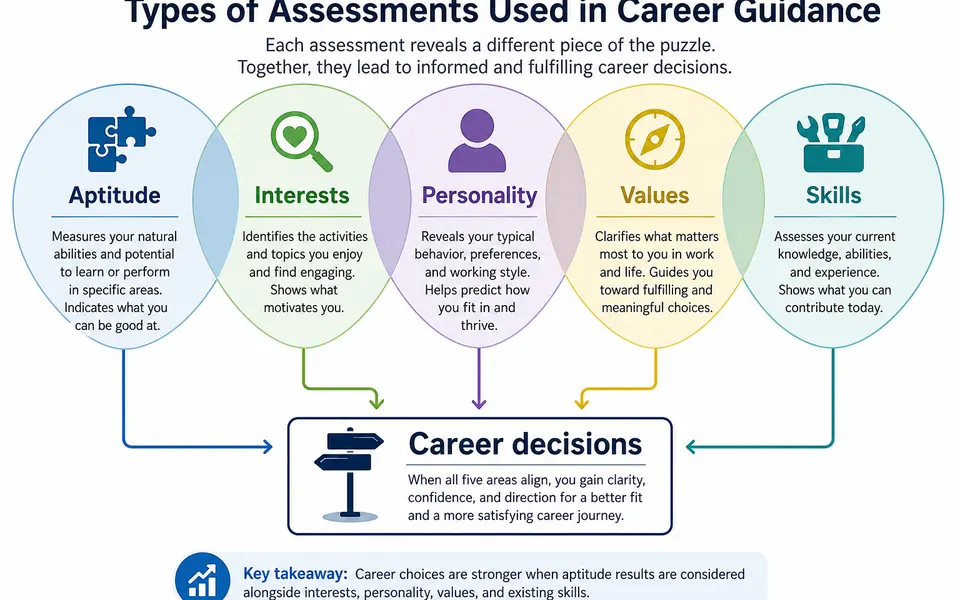 Infographic showing overlapping circles for aptitude, interests, personality, values, and skills, with arrows pointing towards an informed career decision.