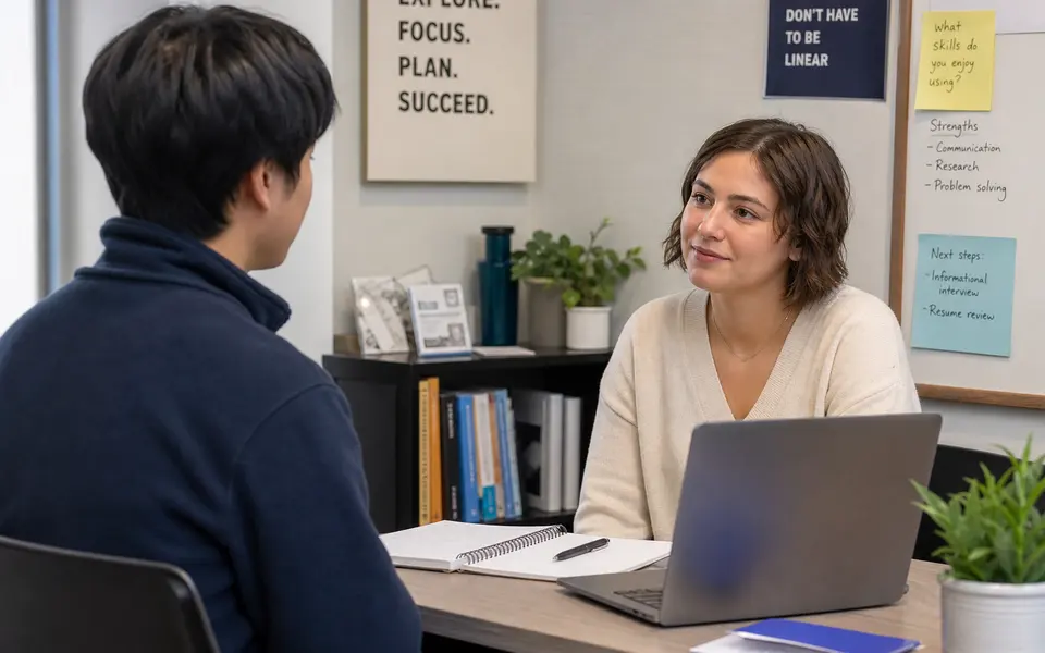 Student speaking with a counsellor across a desk in a calm office or campus career centre.