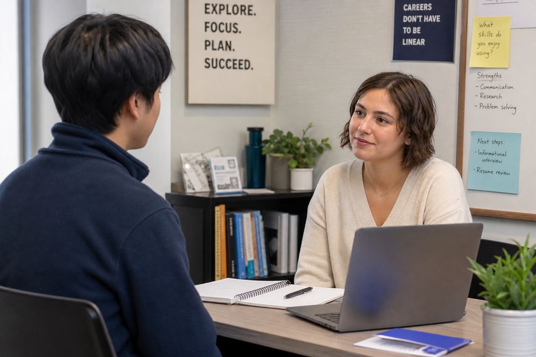 Student speaking with a counsellor across a desk in a calm office or campus career centre.