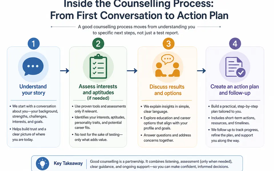 Four-step flowchart of a student counselling process from first conversation to action plan and follow-up.