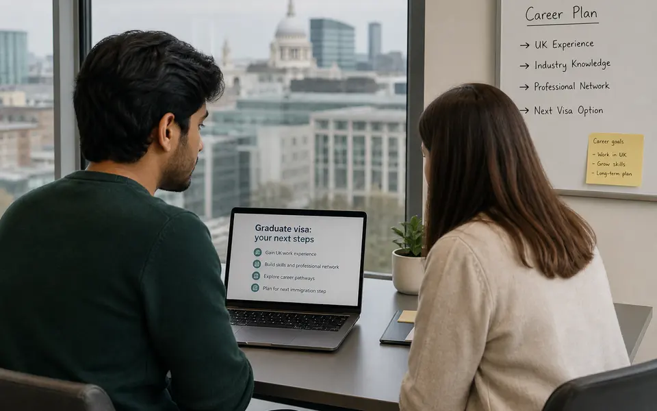International graduate discussing career plans with a mentor in a modern UK office setting.