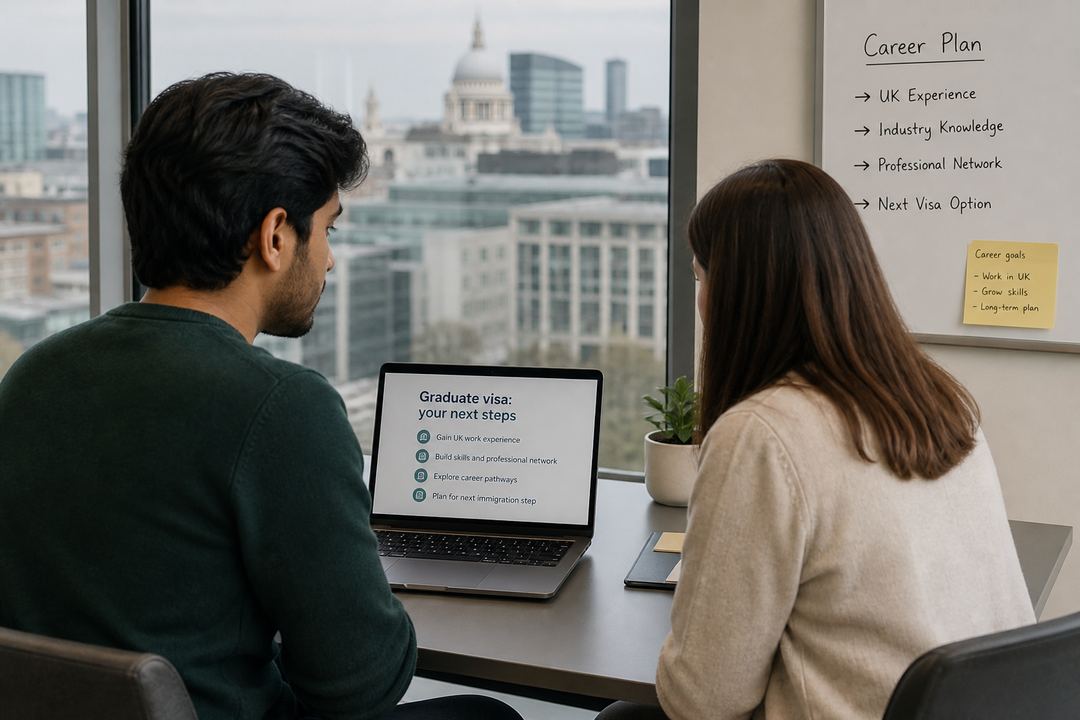 International graduate discussing career plans with a mentor in a modern UK office setting.