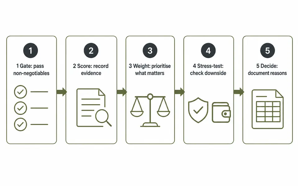 Five-stage evidence-led process for comparing study-abroad course options.