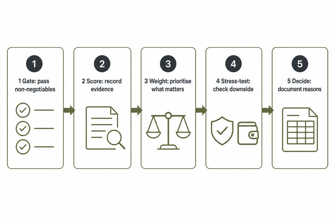 Five-stage evidence-led process for comparing study-abroad course options.