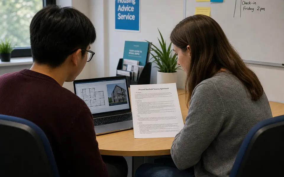 University housing advisor talking with an international student in a small office while looking over a housing contract.