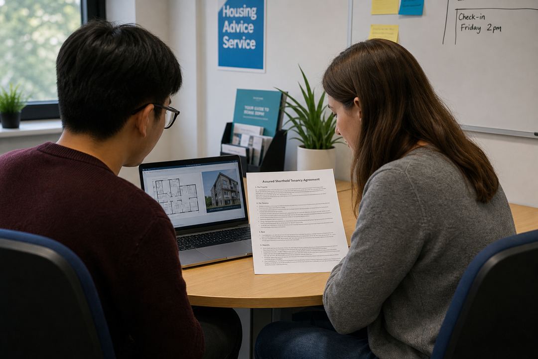 University housing advisor talking with an international student in a small office while looking over a housing contract.