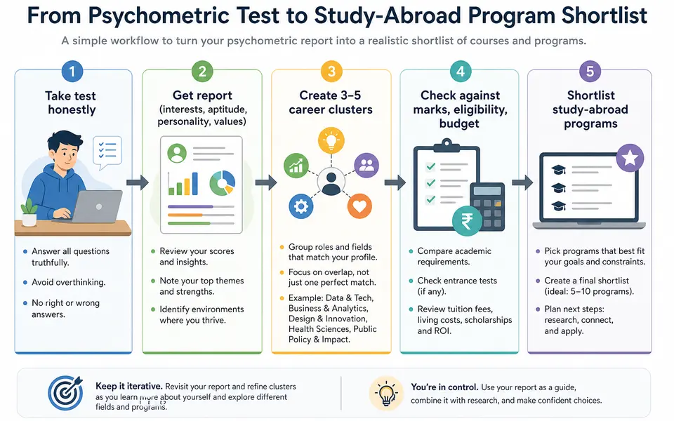 Flowchart showing steps from taking a psychometric test to creating course clusters and a study-abroad program shortlist.