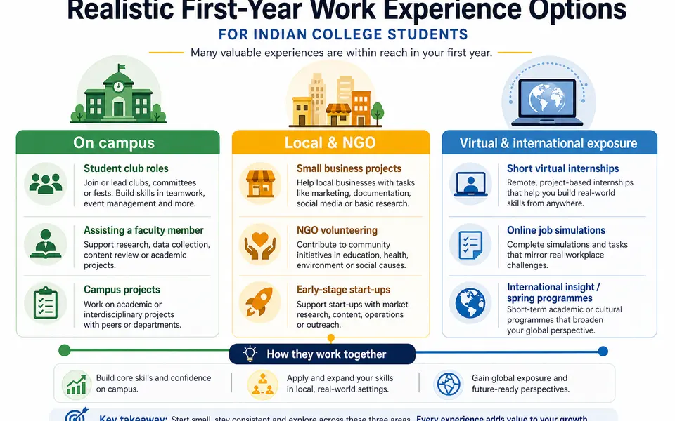 Infographic summarising realistic first-year work experience options for Indian college students, grouped into on-campus, local and virtual opportunities.