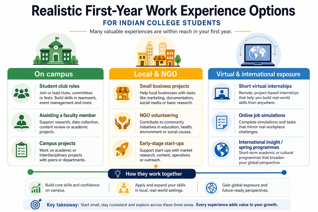 Infographic summarising realistic first-year work experience options for Indian college students, grouped into on-campus, local and virtual opportunities.