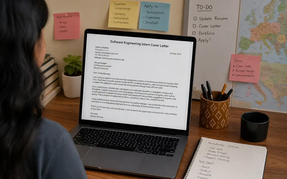 Student in India sitting at a desk with a laptop, drafting an internship cover letter for a European company.