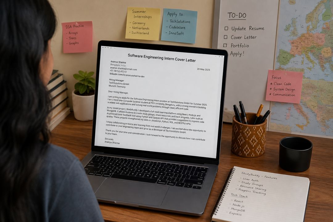 Student in India sitting at a desk with a laptop, drafting an internship cover letter for a European company.