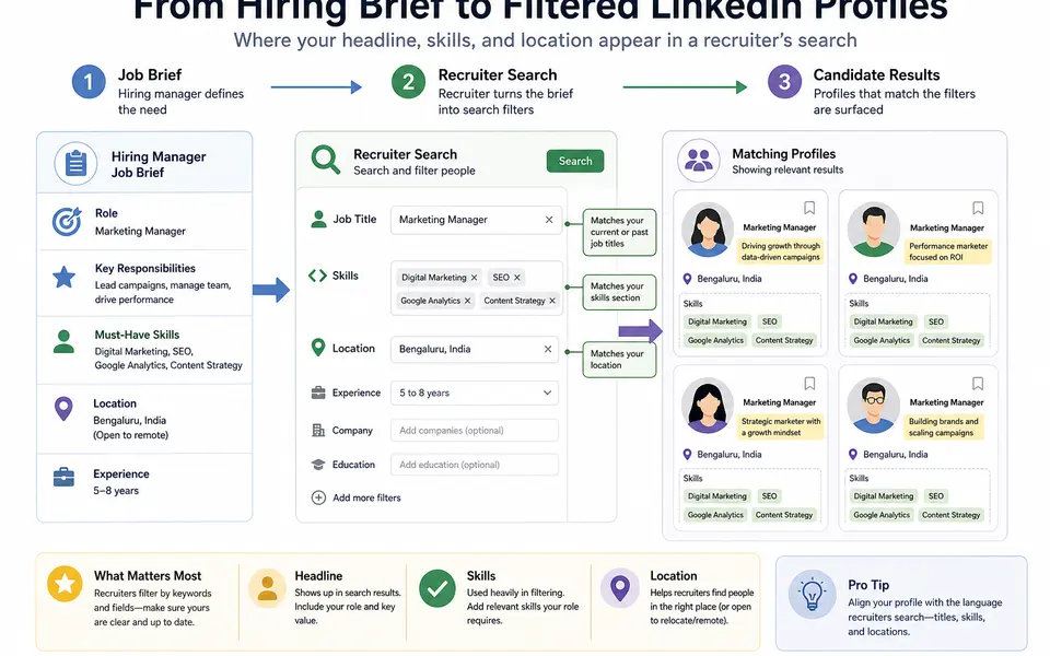 Diagram showing a recruiter turning a job brief into LinkedIn search filters for title, skills, and location, leading to candidate profile cards that highlight headline, skills, and location.