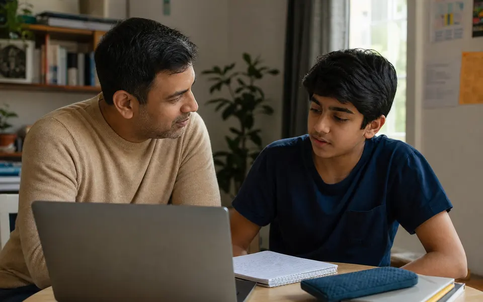 Parent and teenager sitting at a table with notebooks and a laptop, having a calm discussion about study and career options.