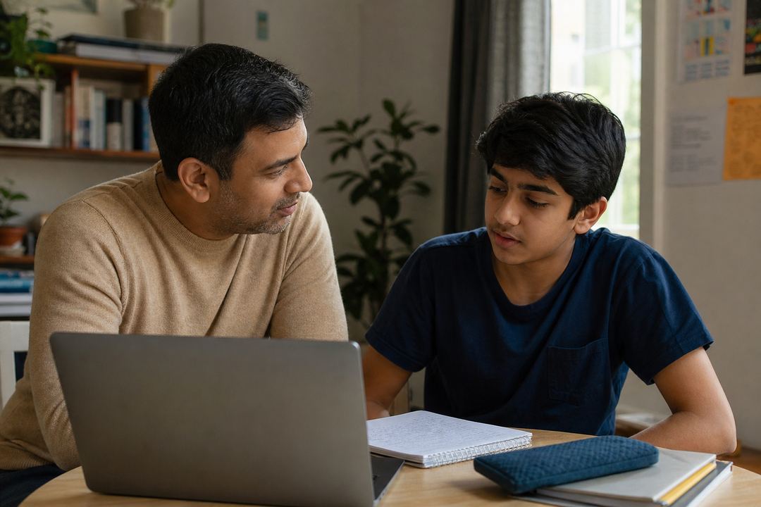 Parent and teenager sitting at a table with notebooks and a laptop, having a calm discussion about study and career options.