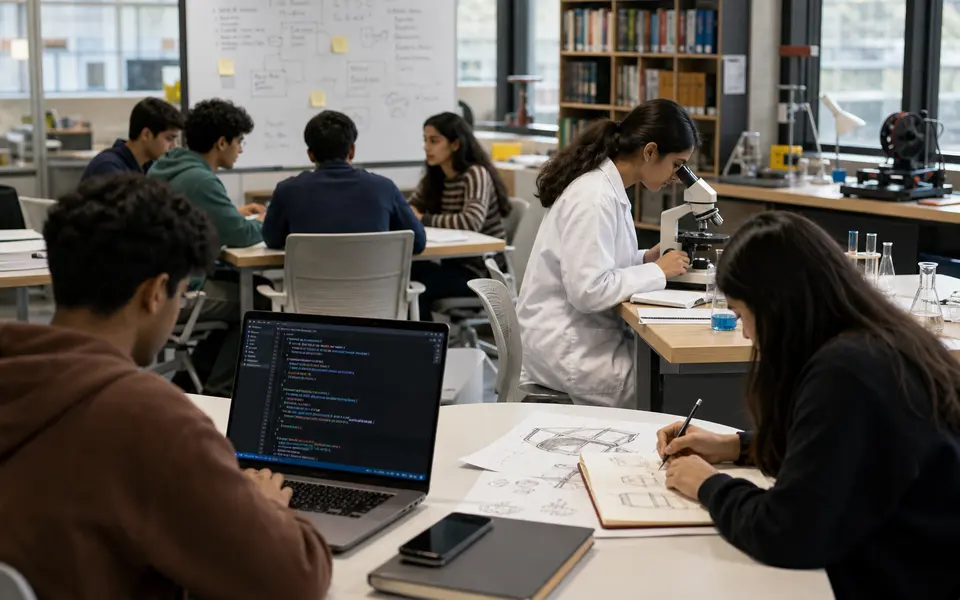 Group of diverse students engaged in different learning activities such as coding, lab work, sketching designs, and discussing projects in a campus setting.