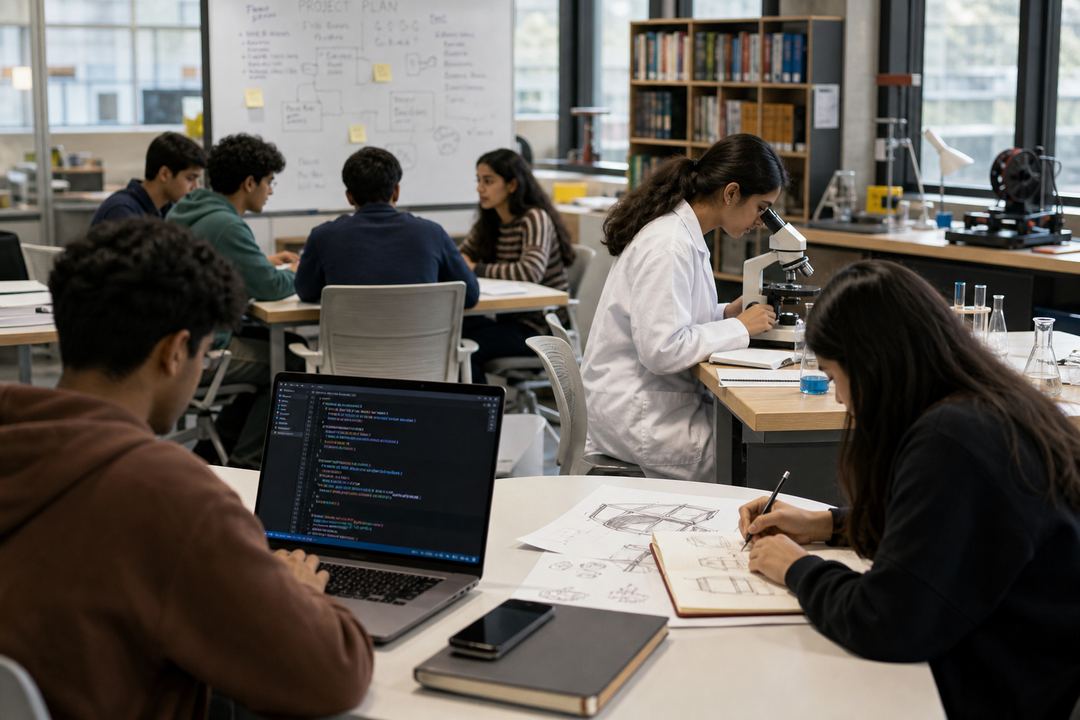 Group of diverse students engaged in different learning activities such as coding, lab work, sketching designs, and discussing projects in a campus setting.