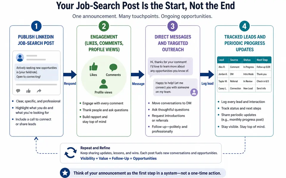 Flow diagram showing a LinkedIn job-search post leading to comments, direct messages and tracked job leads over time.