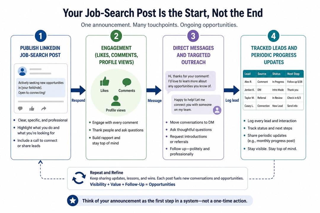 Flow diagram showing a LinkedIn job-search post leading to comments, direct messages and tracked job leads over time.