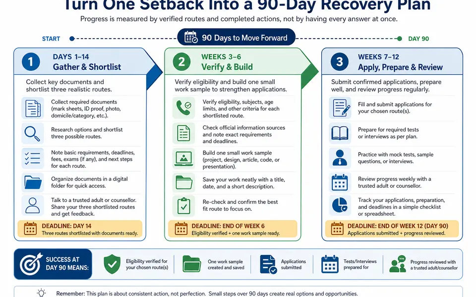 Ninety-day recovery roadmap with actions for days 1 to 14, weeks 3 to 6, and weeks 7 to 12 after low exam marks.