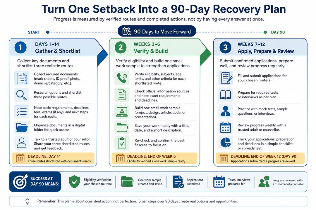 Ninety-day recovery roadmap with actions for days 1 to 14, weeks 3 to 6, and weeks 7 to 12 after low exam marks.