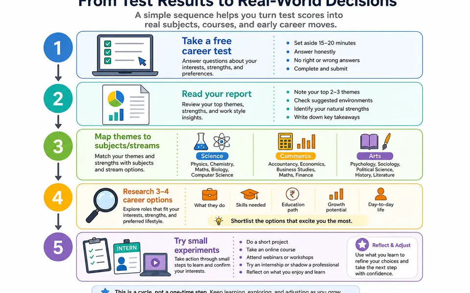 Flow diagram showing the process of using a career test: take test, read report, connect themes to subjects, research options, and try small experiments.