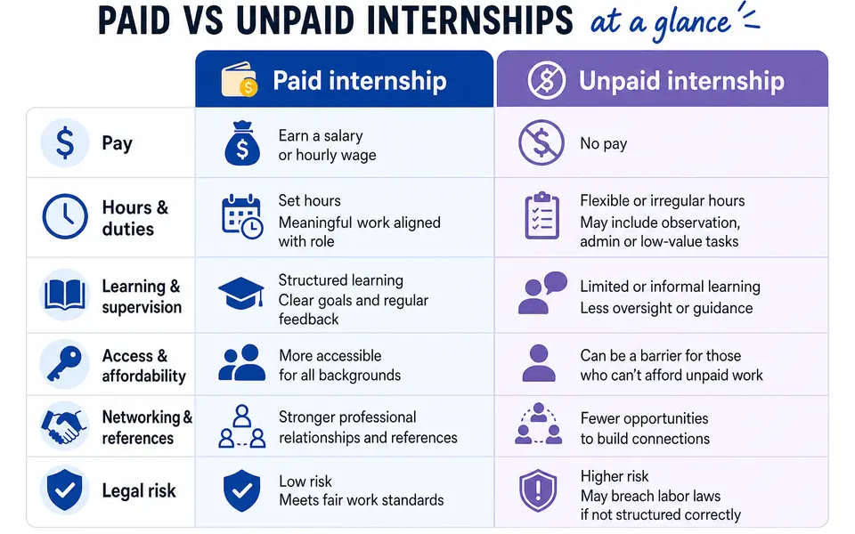 Infographic comparing paid and unpaid internships across pay, responsibilities, learning, access and risk.